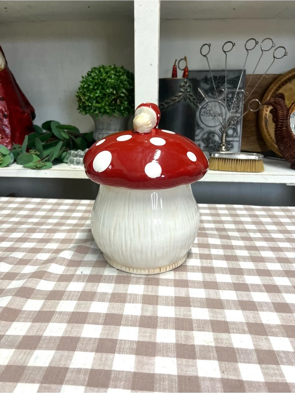 Mushroom canister ceramic red white cookie jar decor